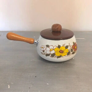 Vintage fondue pot with floral design 🌼, colorful design white pot,  brown